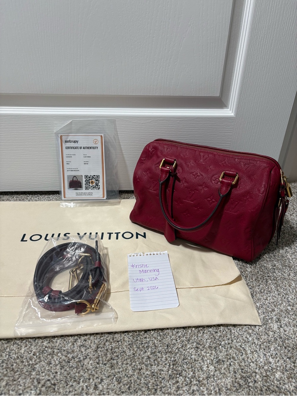 Louis Vuitton Burgundy Monogram Empreinte Satchel with Gold Hardware, Speedy 25!
